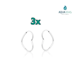 Kit 3 pares brincos argolas coração 16mm fio redondo prata 925