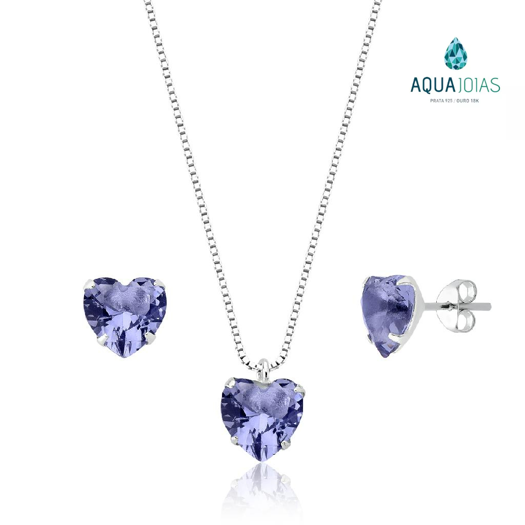 conjunto brinco e colar coração prata 925 Lilas