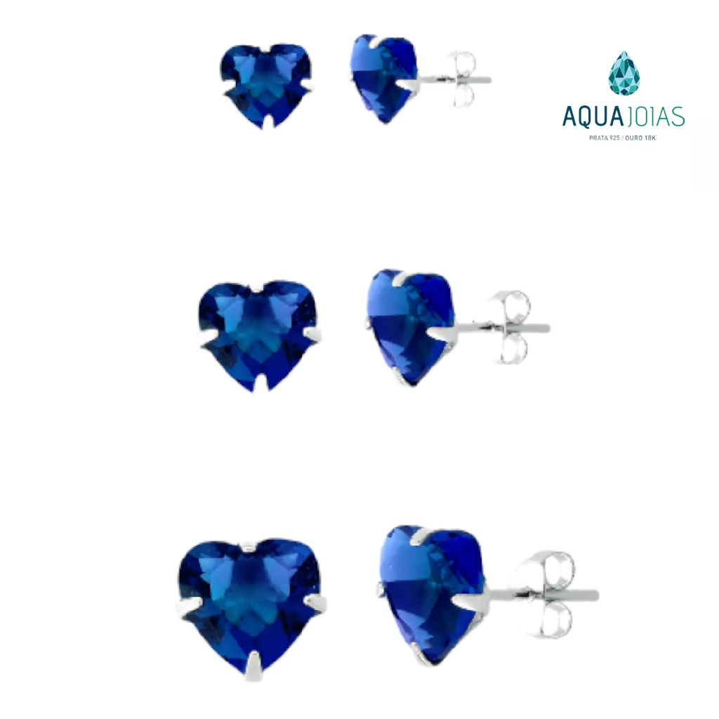 Kit Trio de Brincos Prata 925 Coração Azul Marinho - Fashion Accessories