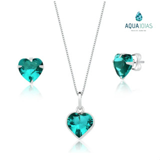 conjunto brinco e colar coração prata 925 verde agua