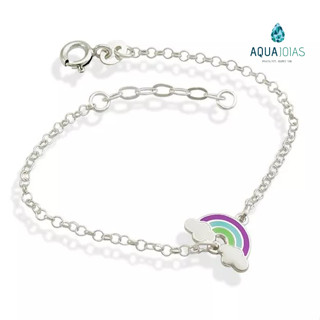 Pulseira infantil arco-íris colorido prata 925 com extensor