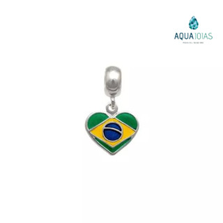 Berloque bandeira do Brasil formato coração prata 925