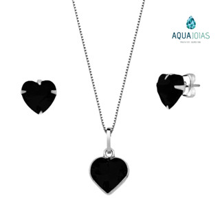 Conjunto Feminino Brinco E Colar Zircônia preta Coração