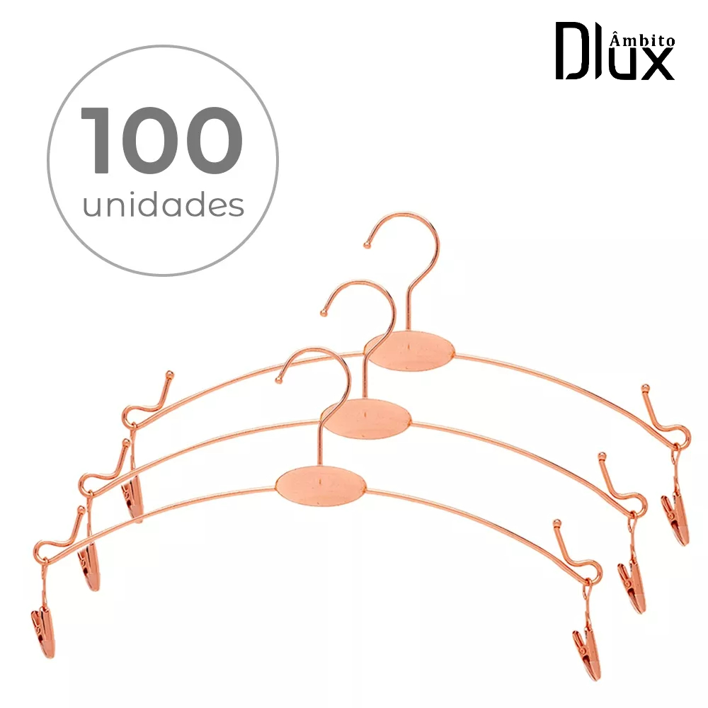 Ambito Dlux Kit 100 Cabides Lingerie Metal Rose Gold Com Presilhas Para Exposição Em Loja De Lingerie