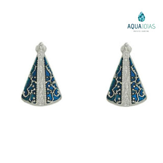 Brincos prata 925 Nossa Senhora Aparecida manto azul