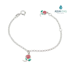 Pulseira infantil prata 925 flor rosa