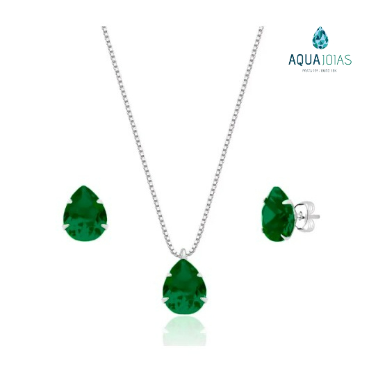 Kit brinco e colar gota ponto de luz prata 925 verde esmeralda em Oferta na Shopee