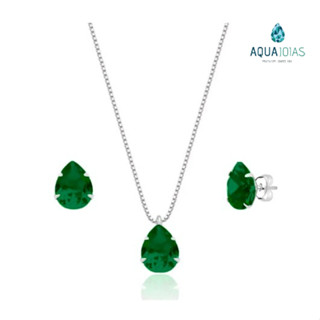 Kit brinco e colar gota ponto de luz prata 925 verde esmeralda