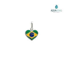 Pingente Prata 925 Bandeira Brasil em formato de coração / Copa do Mundo / Torcedor