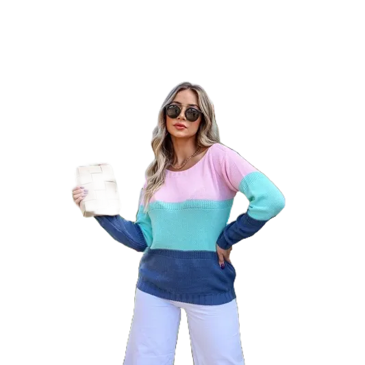 Blusa Feminina Blogueira  Instagram Tricolor Tricô Tricot Sueter manga longa moda Inverno Kelly em Oferta na Shopee