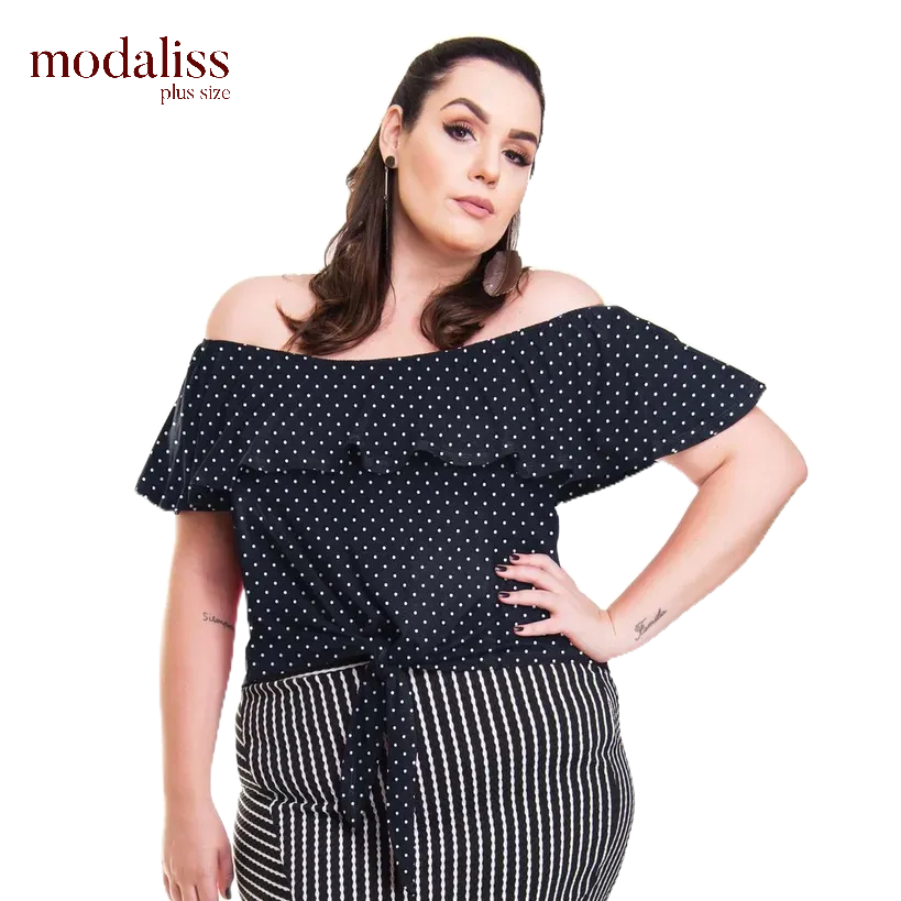Blusa Cigana Preta Com Babado De Amarração Plus Size Modaliss - 46 ao 60
