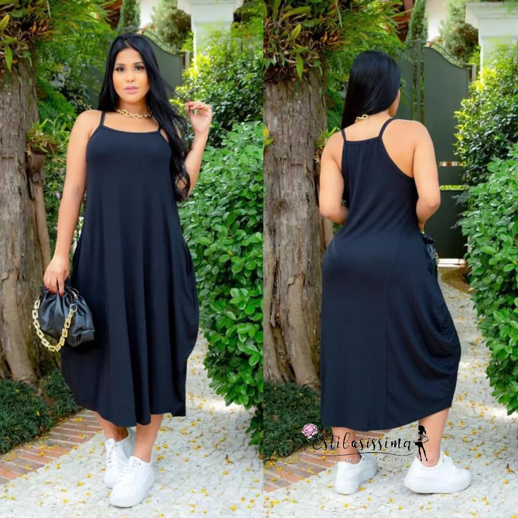 Vestido Midi Saruel Alcinha com Costa Nadador e bolso Feminino veste ate 48