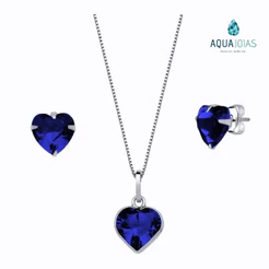 Conjunto Colar e Brincos Coração Azul Marinho Prata 925