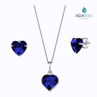 Conjunto Colar e Brincos Coração Azul Marinho Prata 925