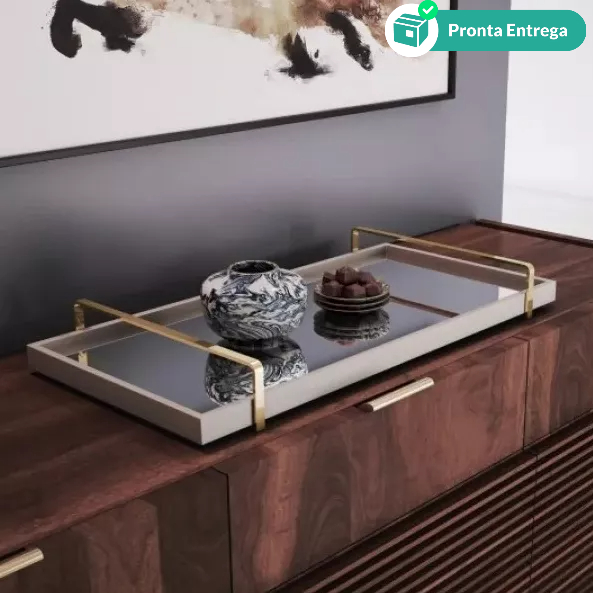 Bandeja Decorativa Para Taças Bar e outros Cor Off White com Alça Dourada