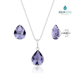 Conjunto brinco e colar gota ponto de luz lilás prata 925