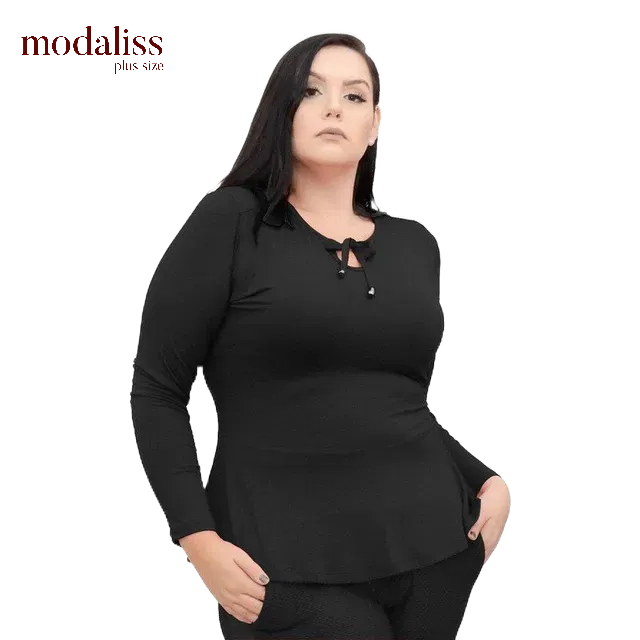 Blusa Manga Longa Peplum Com Laço Na Gola Plus Size Modaliss - 46 ao 60