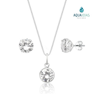 Conjunto Colar e Brinco prata 925 redondo cristal 45cm