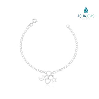 Pulseira Feminina patuá estrela lua e coração Prata 925