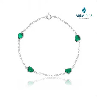 Pulseira Prata 925 feminina coração zirconia Verde Esmeralda