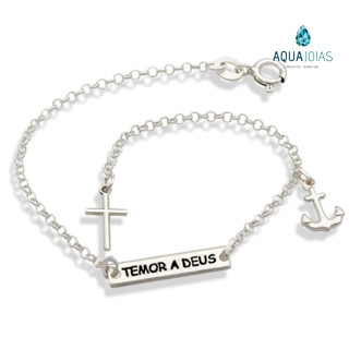 Pulseira placa temor a Deus cruz e âncora prata 925