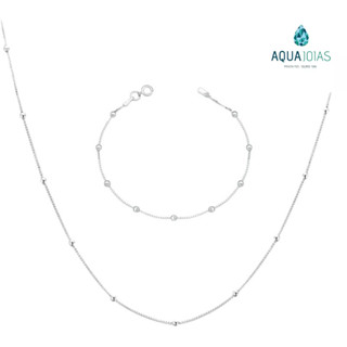 kit prata 925 pulseira e colar veneziana e bolinha 45cm 19cm