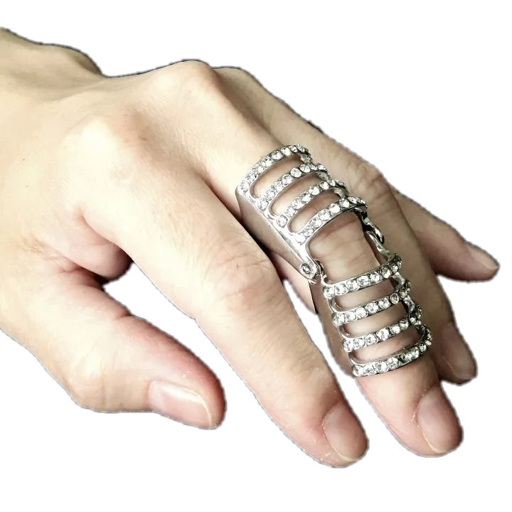 Anel articulado dedo inteiro prateado com strass - Bijoux by Vivi