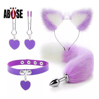 Kit Fantasia Plug Anal Rabinho Cauda Raposa Grampo Seios Mamilo Lilas