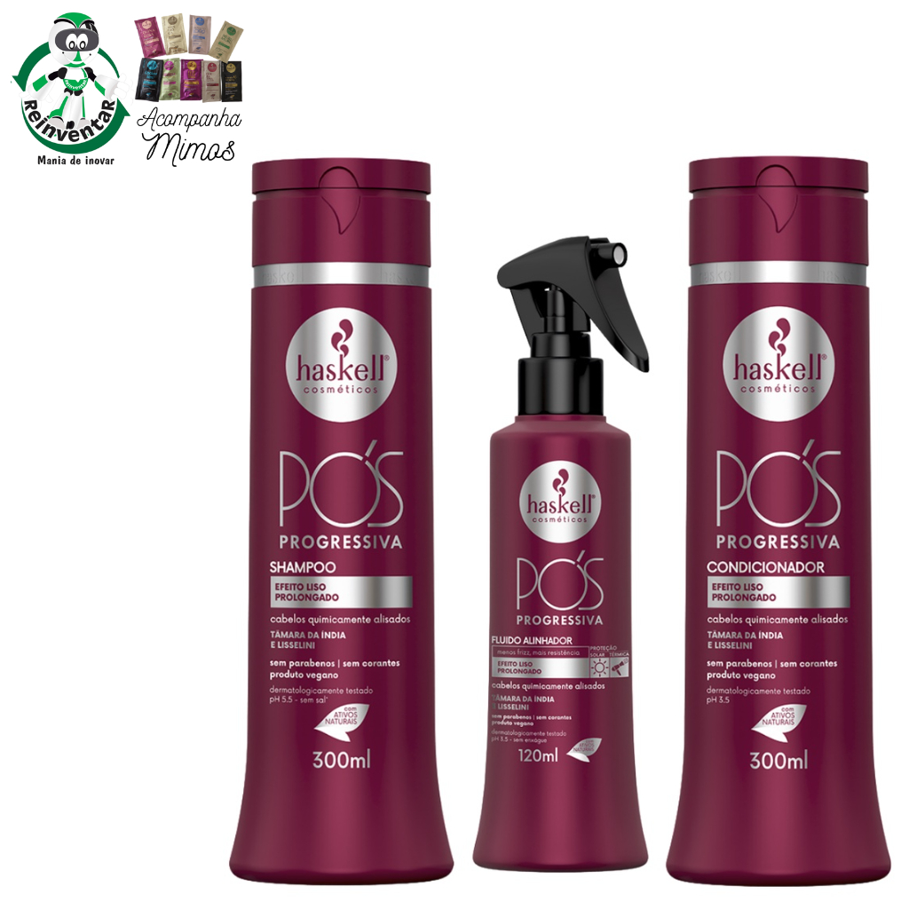 Kit Pós Progressiva Haskell Shampoo e Cond 300ml + Fluido Protetor Térmico e Solar