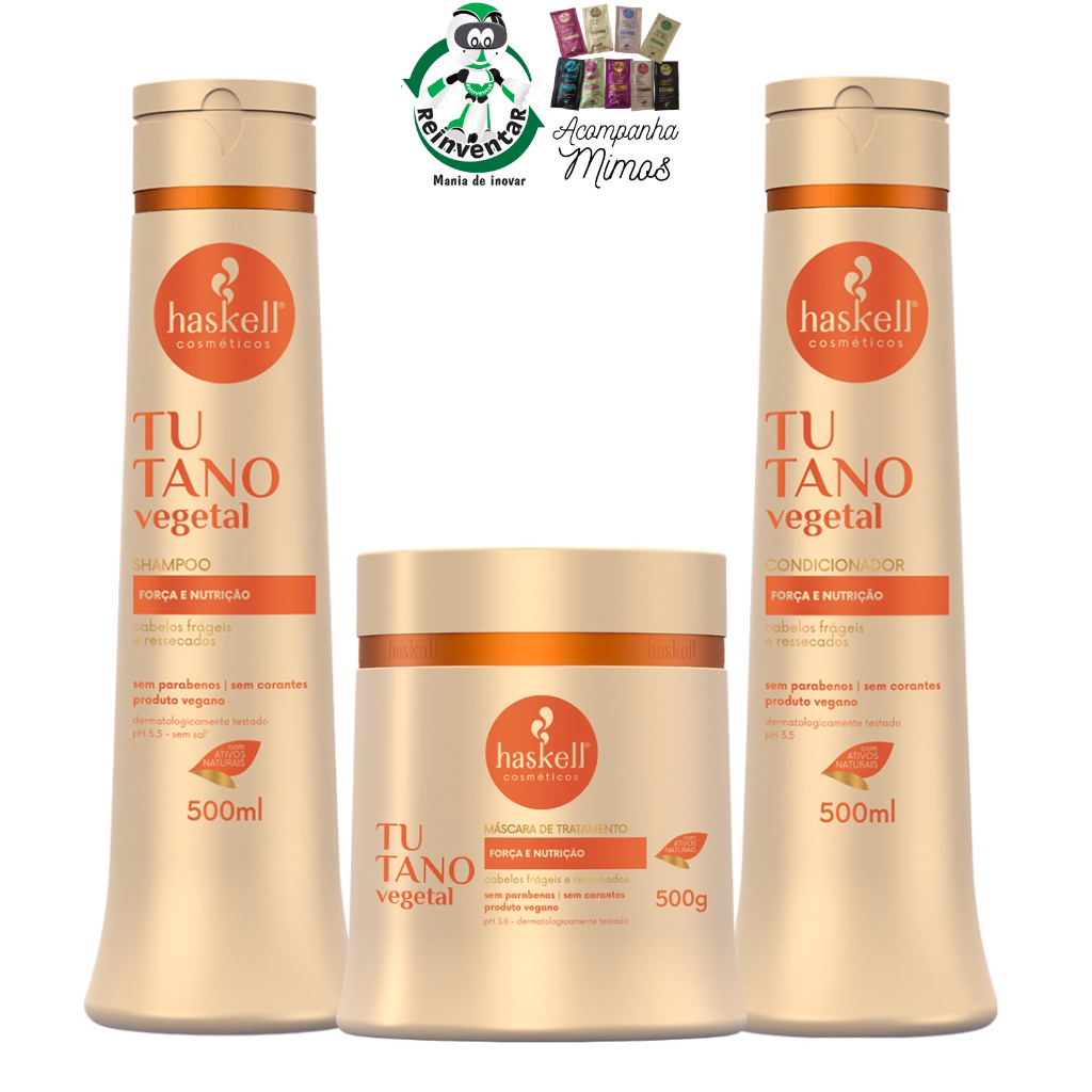 Kit Haskell Tutano Vegetal Shampoo + Condicionador e Máscara 500g Sem Parabenos e Corantes Vegano