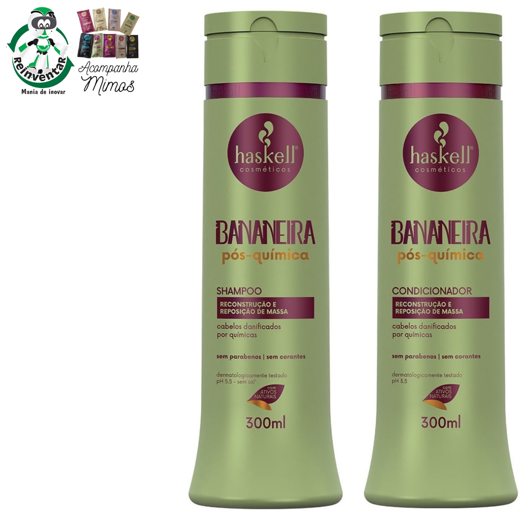 Kit Bananeira Haskell Pós Química Shampoo E Condicionador 300ml Reconstrução e Repositor de Massa