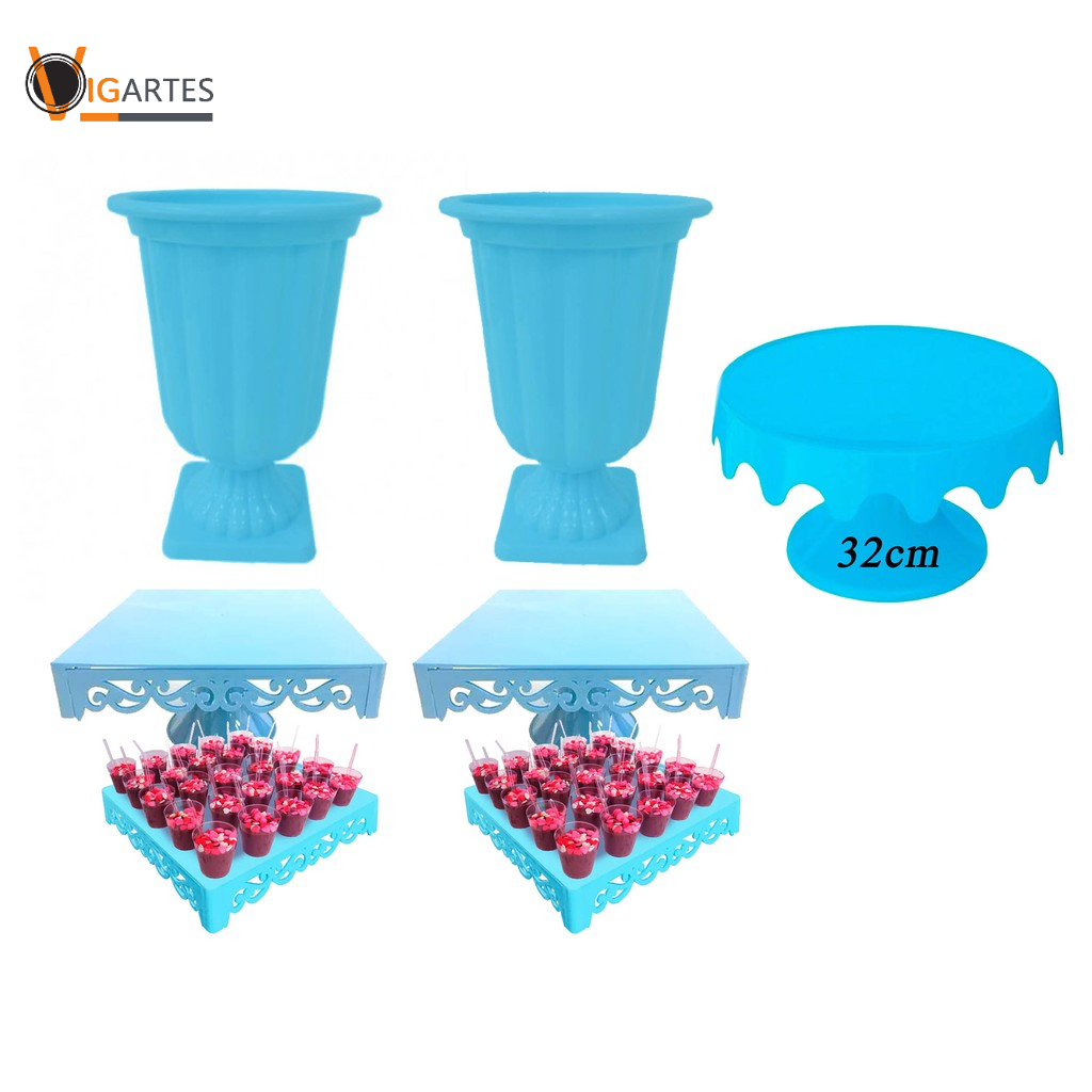 Kit com 7 peças  Provençal , 2 Bandejas Com Base, 2  Bandejas Sem Base, 1 Boleira 32 Cm, 2 Vasos  Plástico