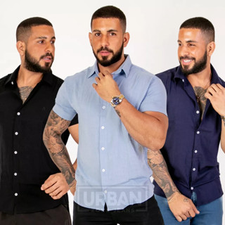 Kit 3 Camisas Masculinas em linho Manga Curta Slim fit Diversas Cores.