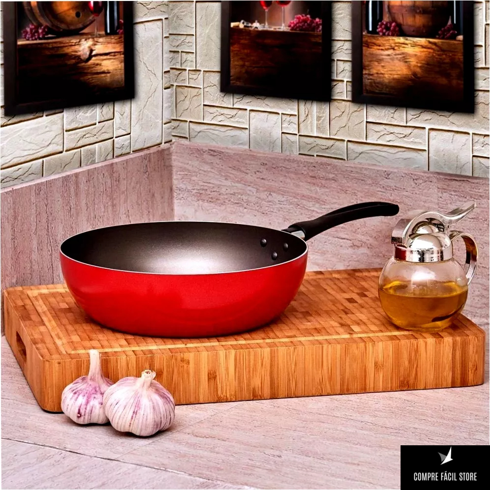 Panela Frigideira Wok Super Antiaderente Para Fritar Ovos Carnes Legumes De 24cm Vermelha