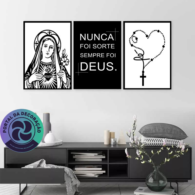 Quadros Decorativos 3 Peças Nossa Senhora Aparecida Terço Religioso