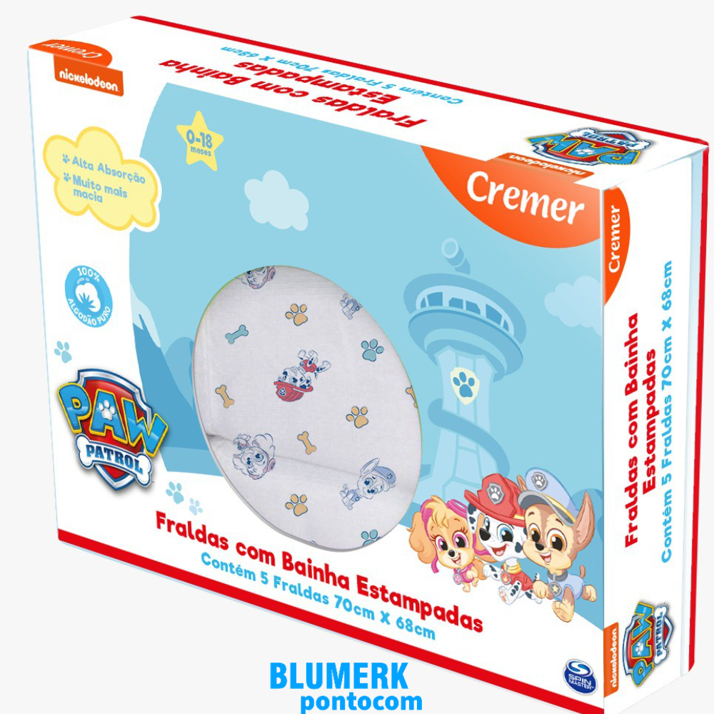 Fralda Patrulha Canina C/ Bainha Com 5 Unidades - Cremer em Oferta na Shopee