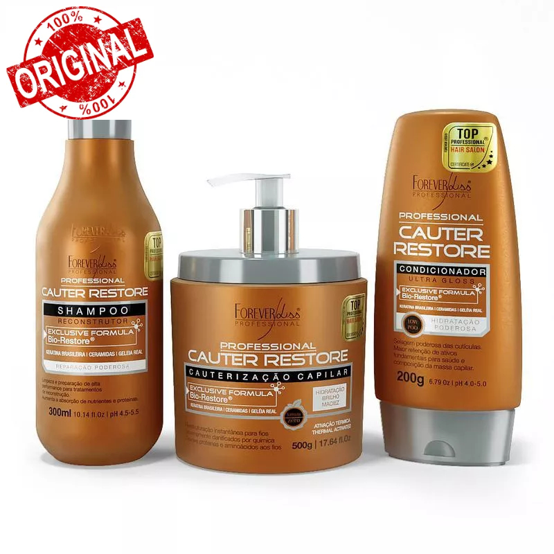 Kit Cauterização Capilar Cauter Restore 500g + Shampoo 300ml + Condicionador 200ml Forever Liss em Oferta na Shopee