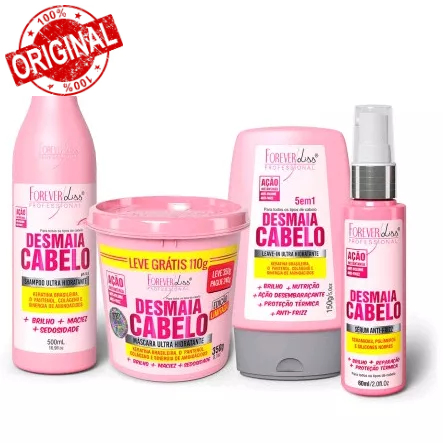 Kit Desmaia Cabelo Shampoo 500ml + Máscara 350g + Leave-in 140g + Sérum 60ml Forever Liss Hidratante