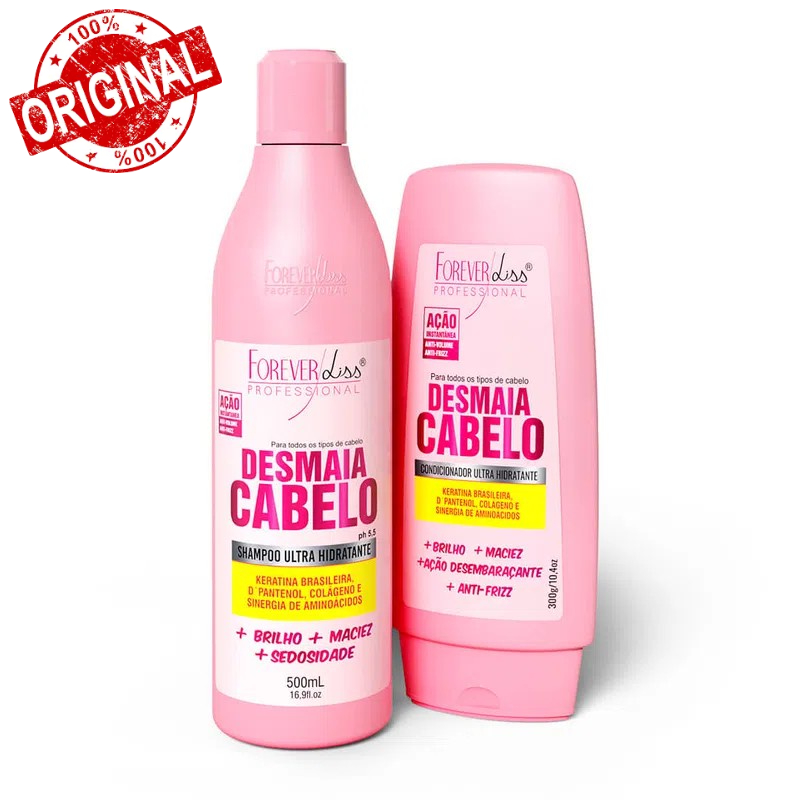Kit Desmaia Cabelo Shampoo 500ml e Condicionador 300g Forever Liss Hidratação Redução de Volume