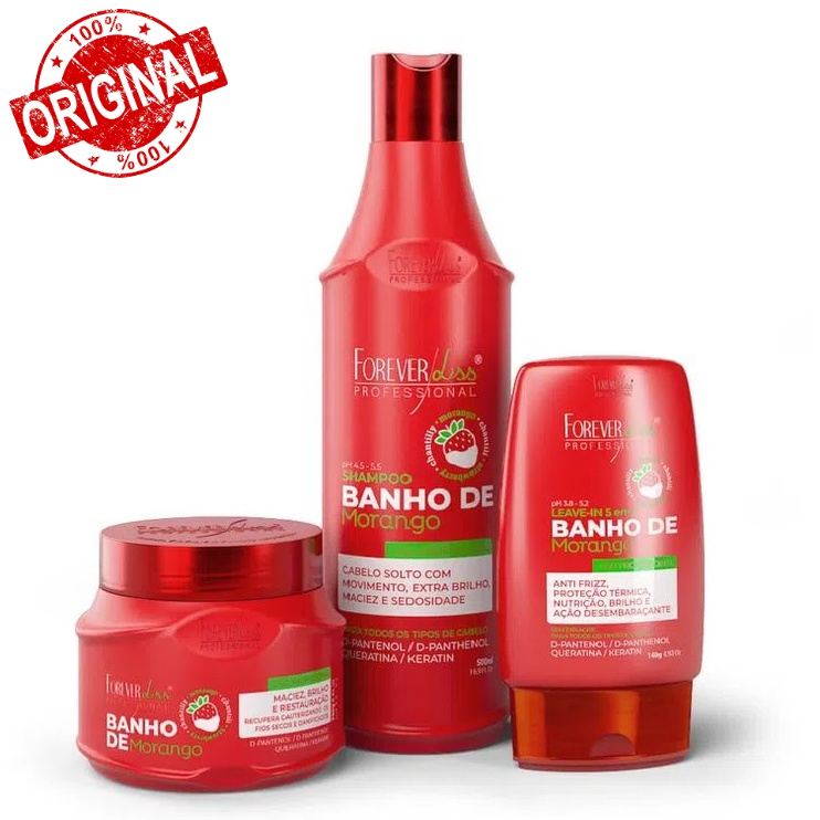 Banho de Verniz Morango Kit Máscara 250g + Shampoo 500ml + Leave-in 140g Forever Liss Hidratação