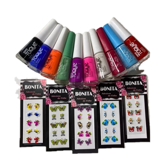 10 Esmalte de unha Novo Toque + 10 cartelas de adesivo de unha 3d com pedraria