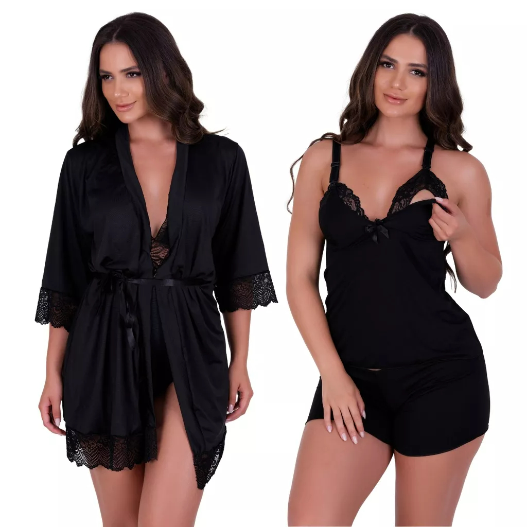 Baby Doll Amamentação Com Robe de Romantic e Renda