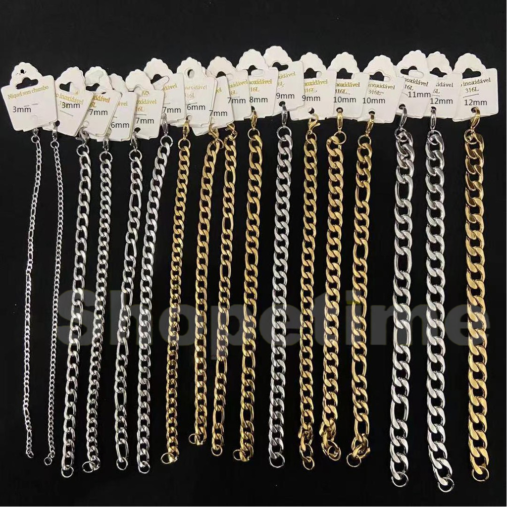 Ouro e prata masculino de 3 mm a 12 mm. Pulseira moderna de corrente de aço inoxidável, pulseira de joias