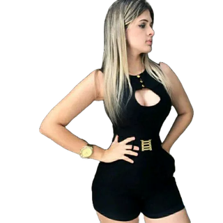 Macaquinho Feminino Aline, Com Decote Vazado - Botões Frontal - Gola Redonda - Zíper e Fivela - 72💫🎉🛍