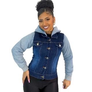 Jaqueta jeans feminina de frio manga moletom com toca moda blogueira outono inverno