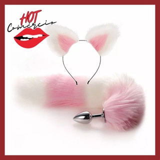 Fantasia Sexual Kit BDSM Raposa Plug Anal com Cauda Rosa Branco