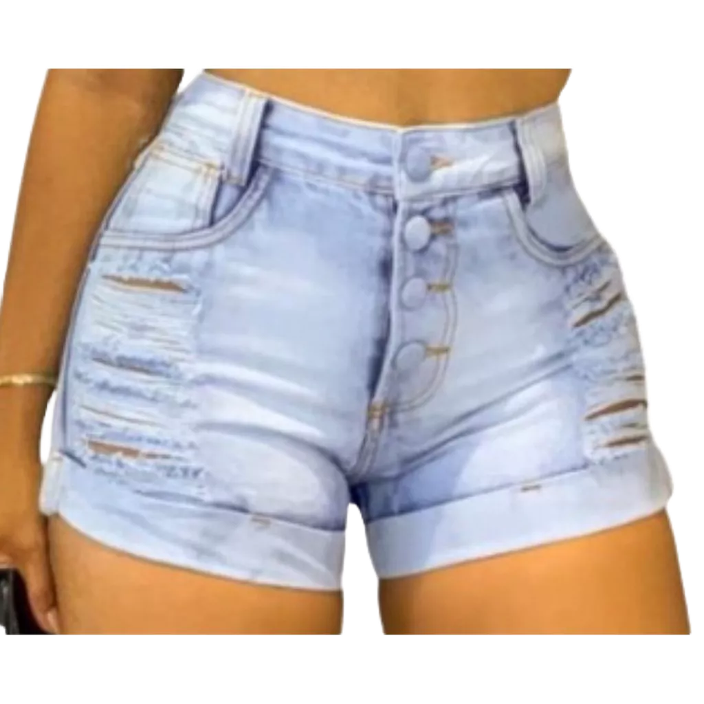 Short Feminino Jeans Short Curto detalhe Rasgado Cintura Alta, Cós Alto, Levanta o Bumbum sem Lycra