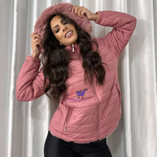 Jaqueta Feminina Dupla Face Casaco Nylon Peluciado Com Capuz