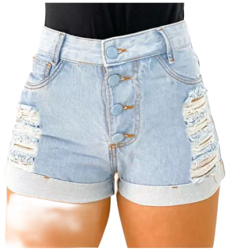 Short Jeans Feminino Cintura Alta  4Botões Cobertos  Cor Jeans Claro Bermuda Hot Pants Destroeyd