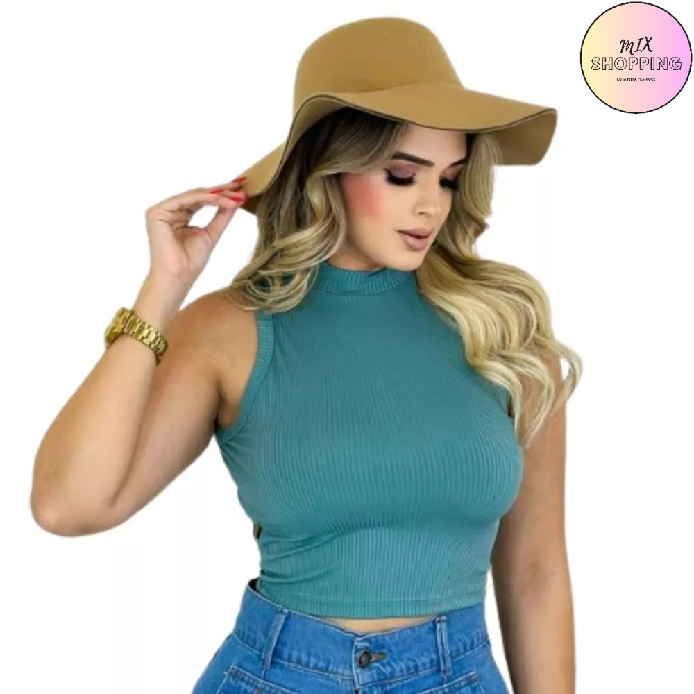 Blusinha Feminina Manga curta Blusa Feminina Cropped  Cor Verde Canelado com Lycra